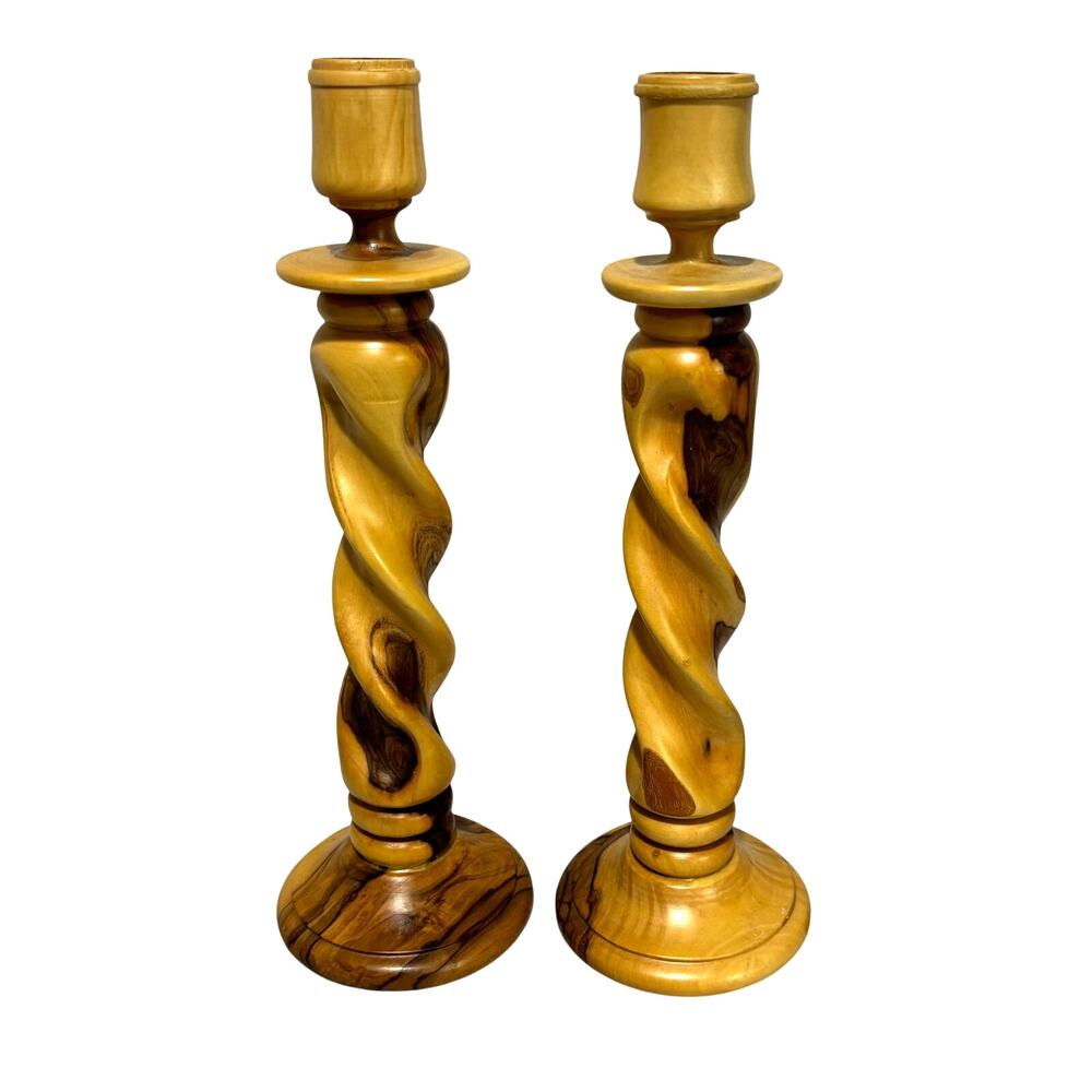 Carved wood candle stick holders barley twist woodgrain PAIR blond & brown